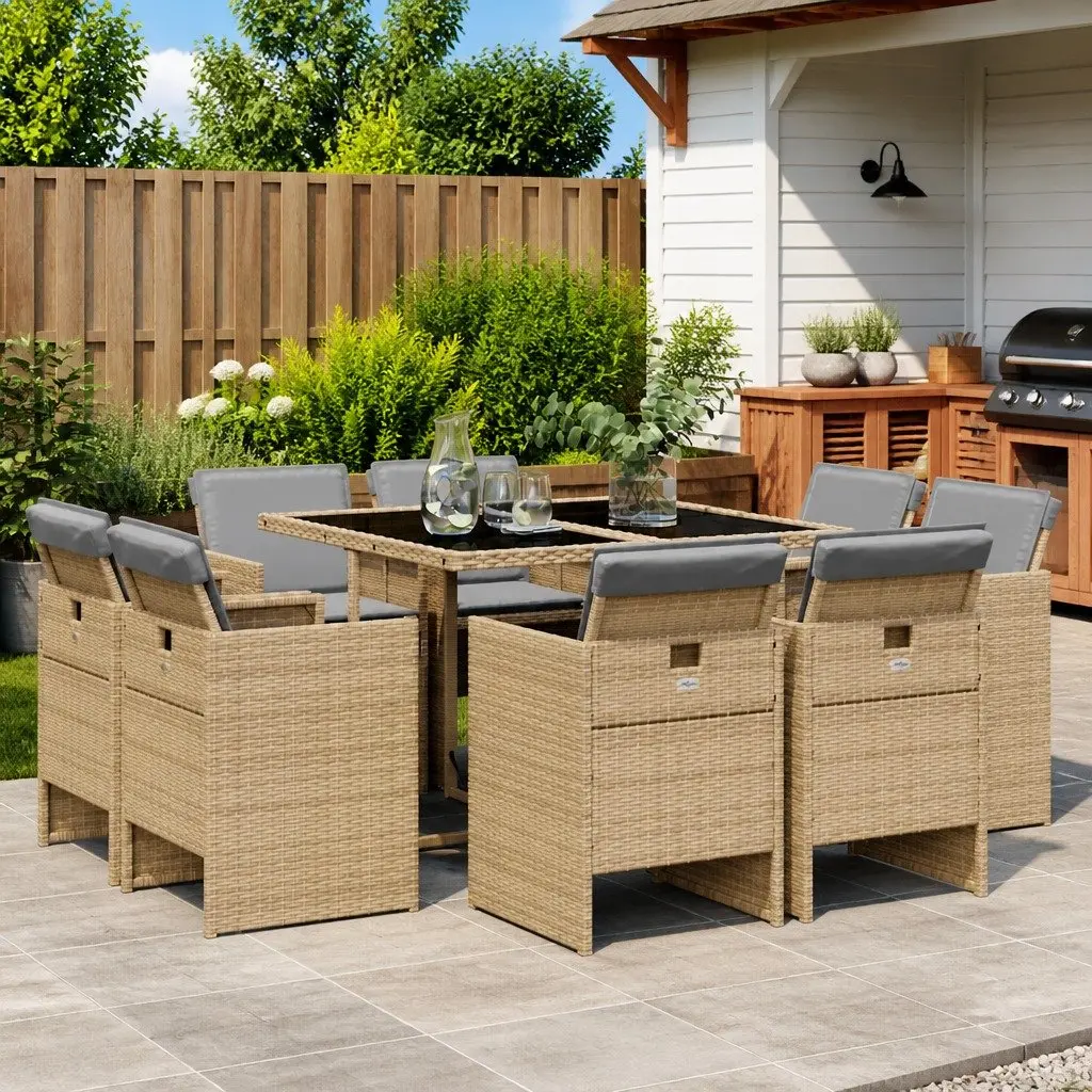 9 Piece Garden Dining Set PE Rattan Outdoor Furniture Patio Table Chairs Cushions Beige