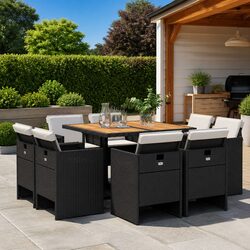 Durable 9 Piece Garden Dining Set with Black Poly Rattan