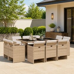 Durable 11-Piece Garden Dining Set with Poly Rattan Chairs