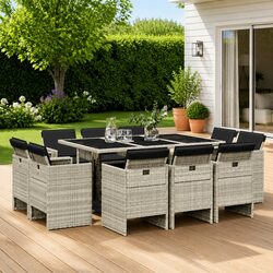 11-Piece Grey Poly Rattan Garden Dining Set with Cushions