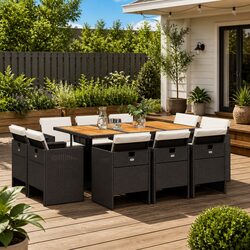 Black Poly Rattan 11 Piece Garden Dining Set with Cushions