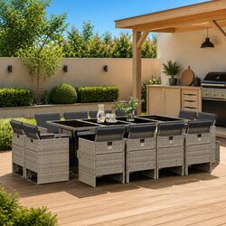Durable 13 Piece Garden Dining Set in Grey Poly Rattan