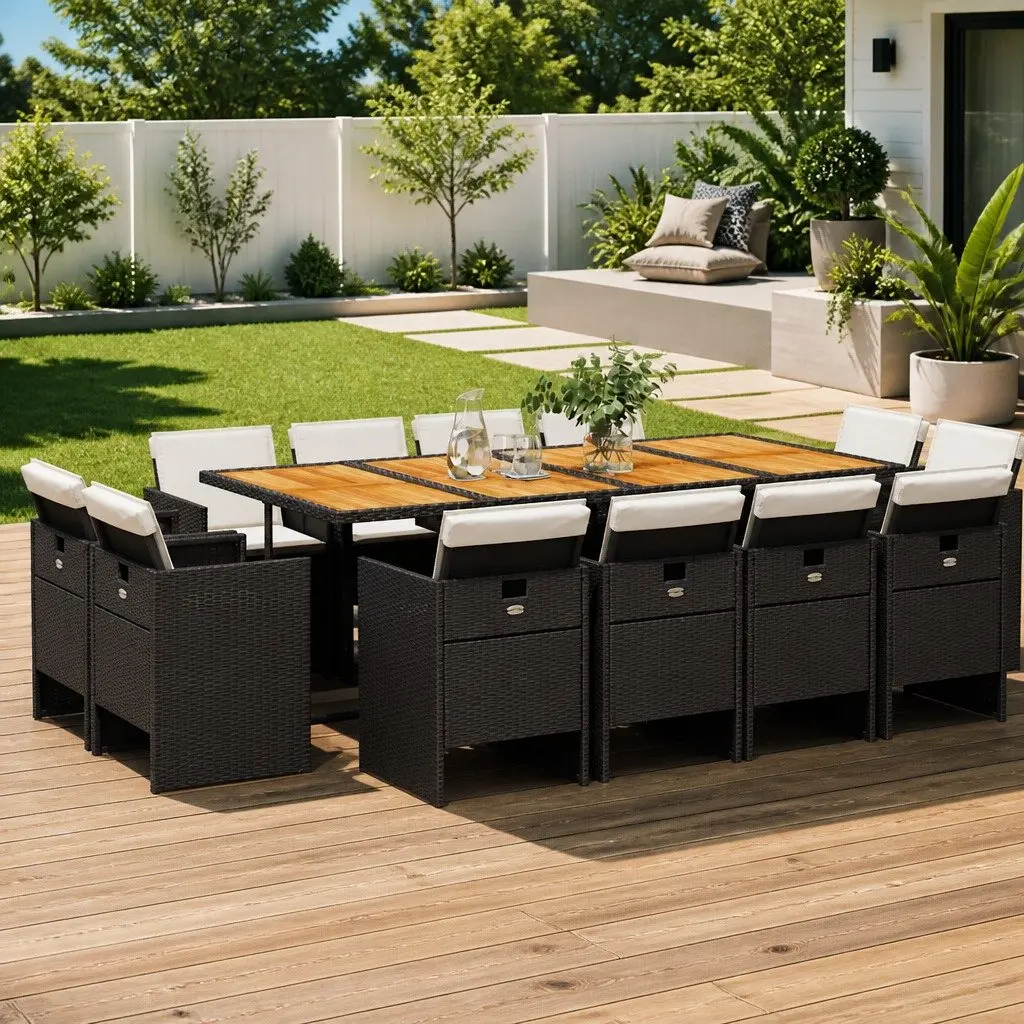 Garden Dining Set Poly Rattan Acacia Wood Table 13 Piece Black