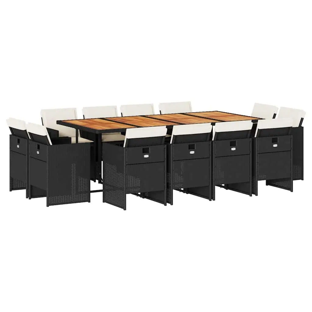 Garden Dining Set Poly Rattan Acacia Wood Table 13 Piece Black
