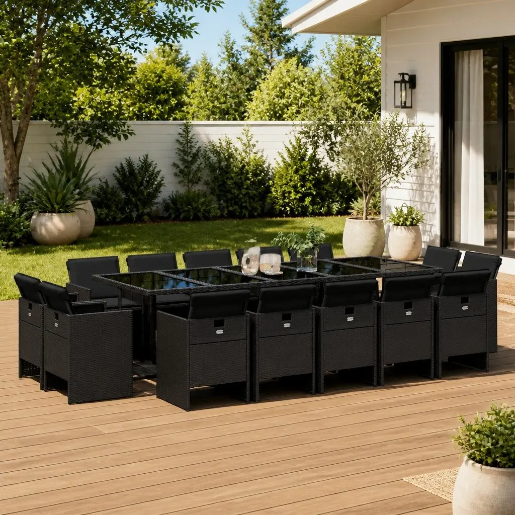 Garden Dining Set Poly Rattan 15 Piece Black Outdoor Patio Furniture