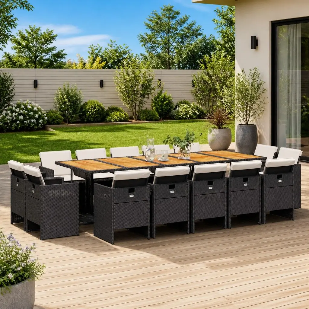 Garden Dining Set PE Rattan Acacia Wood 15 Piece Black Outdoor Furniture