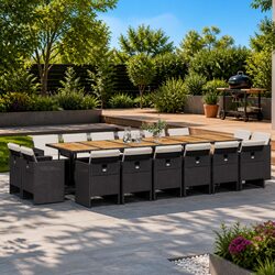 Outdoor 17 Piece Dining Set with Cushions in Black Rattan