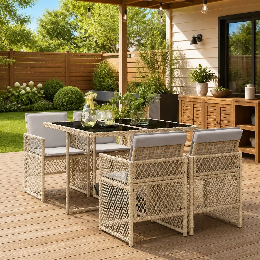 5-Piece Beige Poly Rattan Garden Dining Set with Glass Table