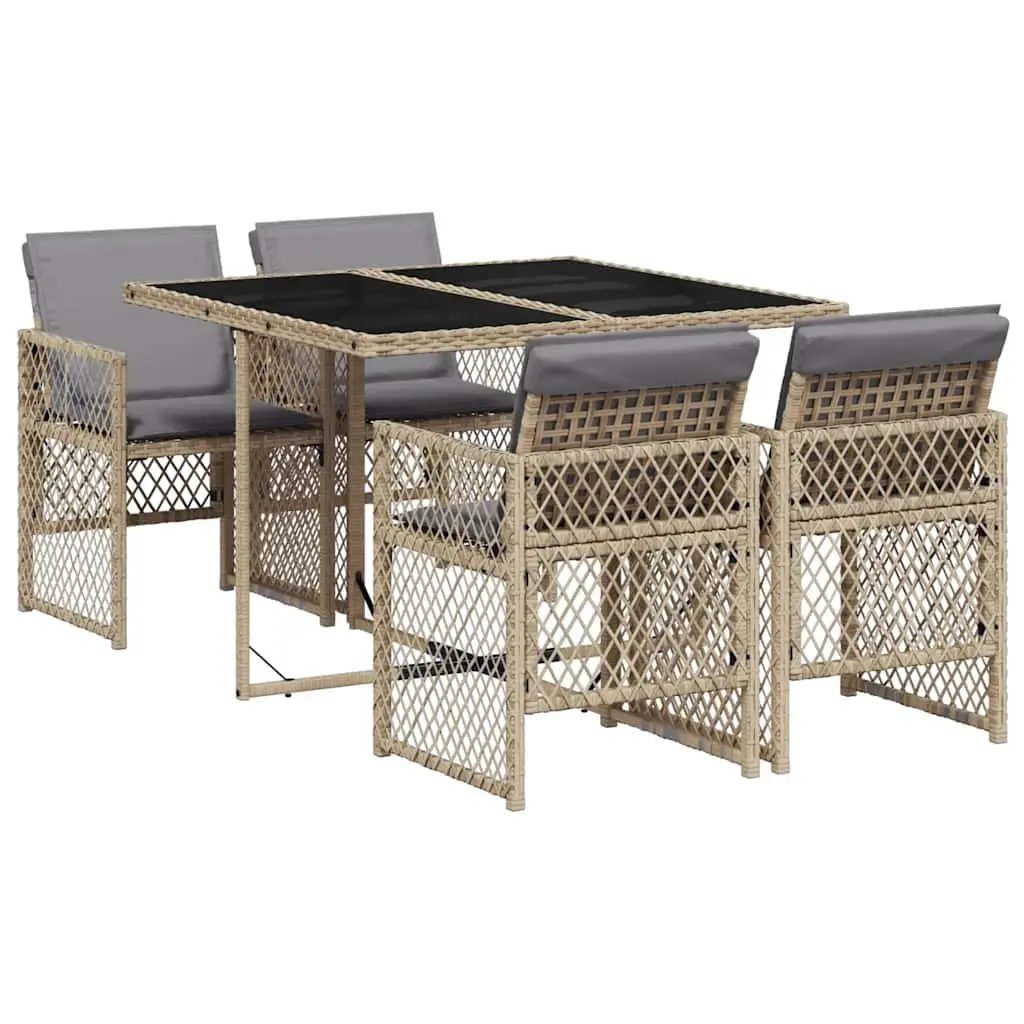 5-Piece Beige Poly Rattan Garden Dining Set with Glass Table