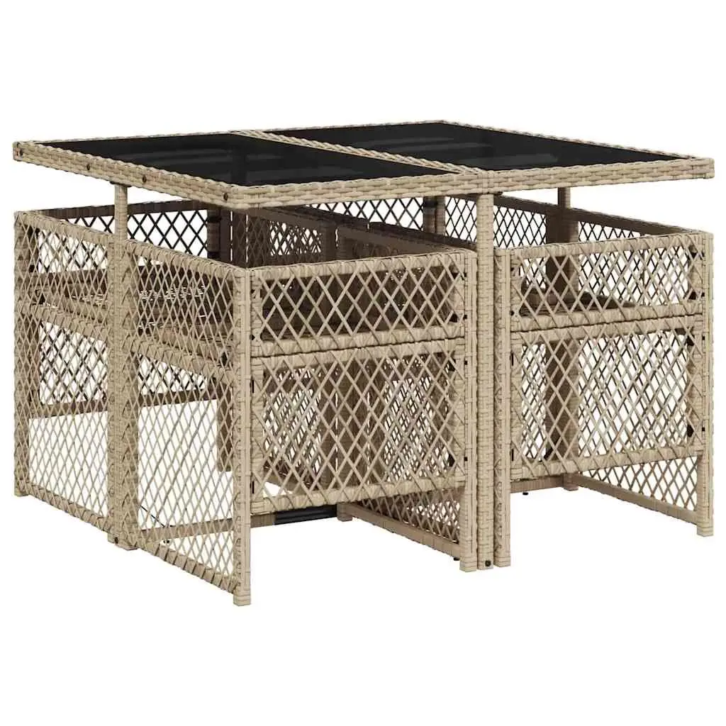 5-Piece Beige Poly Rattan Garden Dining Set with Glass Table