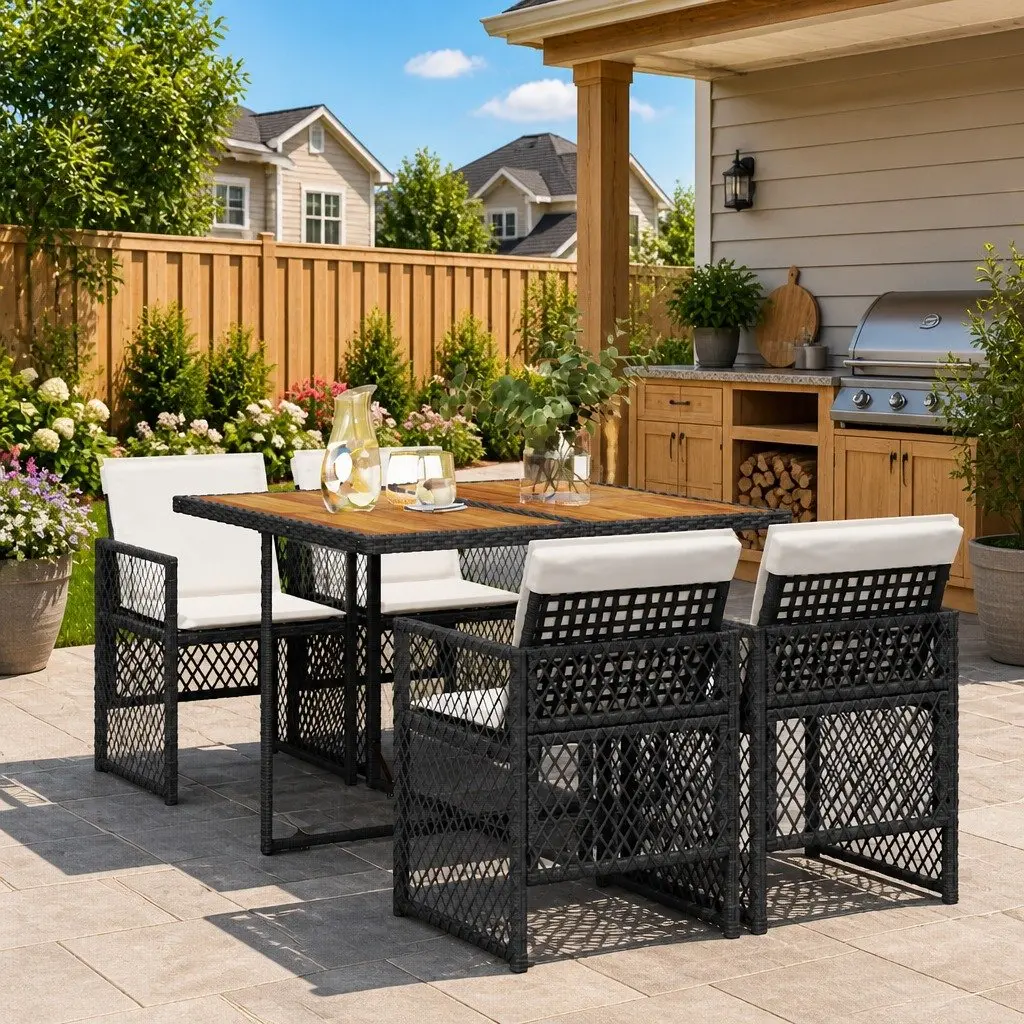 Outdoor Dining Set Black Poly Rattan Acacia Wood Table 5 Piece