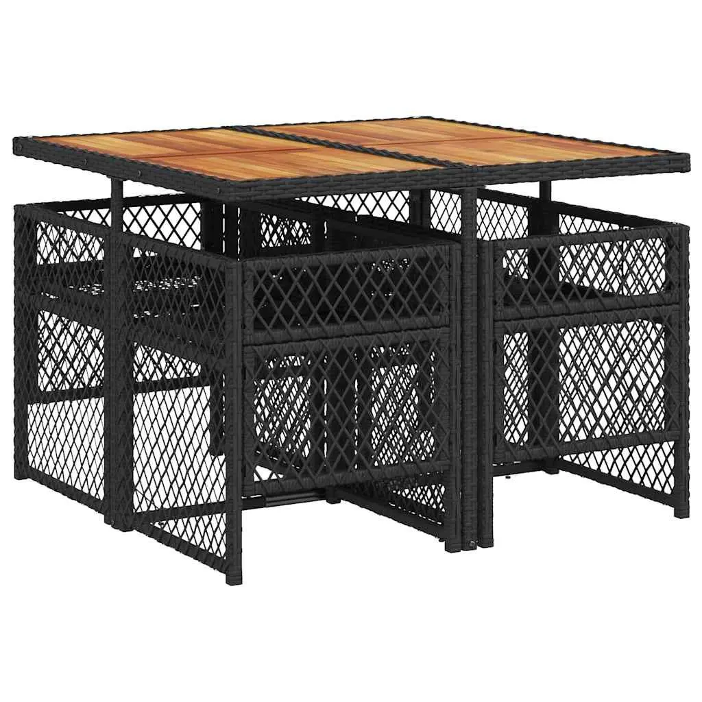 Outdoor Dining Set Black Poly Rattan Acacia Wood Table 5 Piece