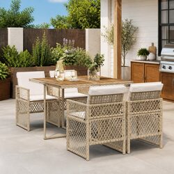 5-Piece Garden Dining Set with Cushions in Beige Rattan