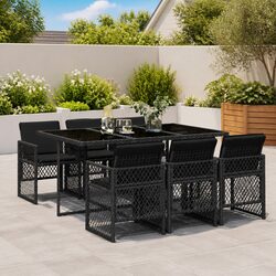 7-Piece Black Poly Rattan Outdoor Dining Set with Cushions