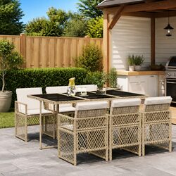 Beige Poly Rattan 7 Piece Outdoor Dining Set with Cushions