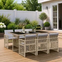 7 Piece Outdoor Dining Set with Cushions in Beige
