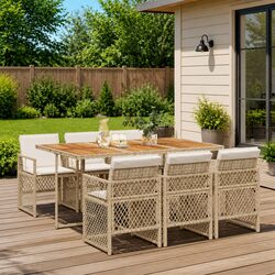 7-Piece Beige Poly Rattan Garden Dining Set with Cushions