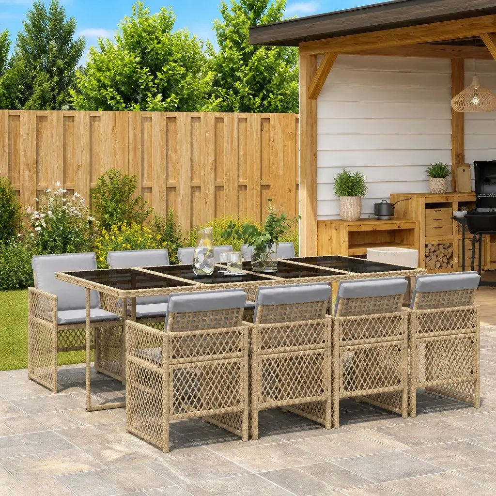 Garden Dining Set PE Rattan 9 Piece Outdoor Furniture Beige Cushions Patio Table