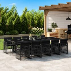 11-Piece Black Rattan Garden Dining Set with Cushions