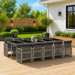 Premium 11 Piece Garden Dining Set in Grey Poly Rattan