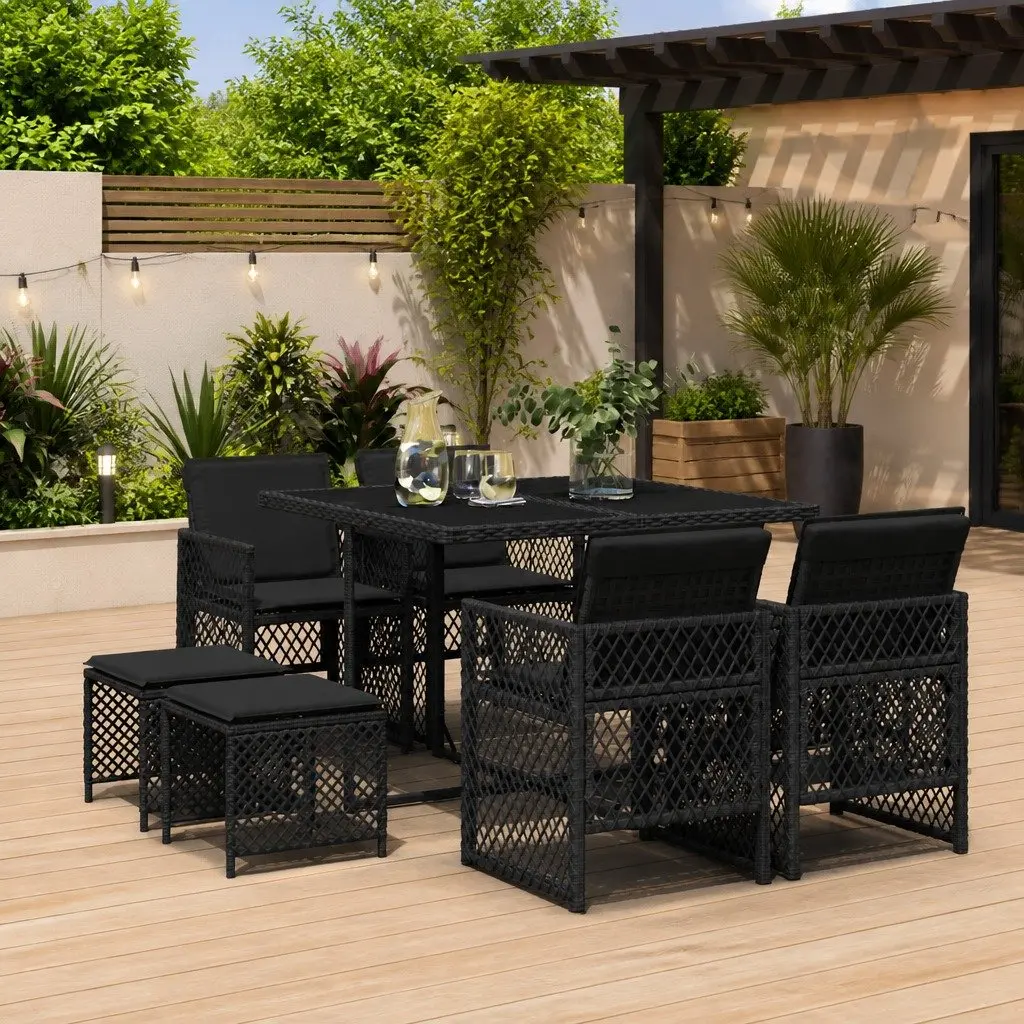 Outdoor Dining Set PE Rattan 9 Piece Garden Furniture Black Cushioned Patio