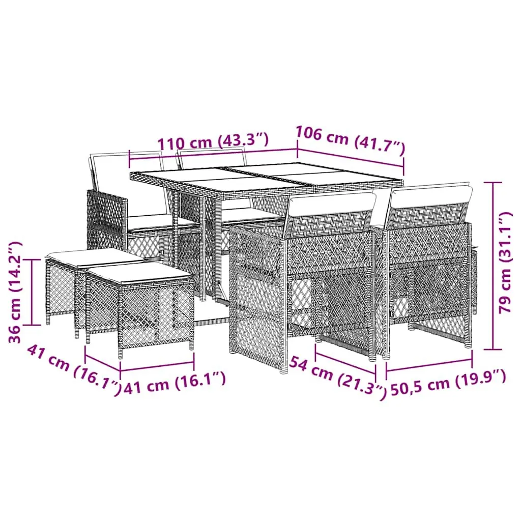 Garden Dining Set PE Rattan Grey 9 Piece Outdoor Furniture Patio Table Chairs with Cushions