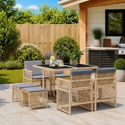 Sturdy 9 Piece Garden Dining Set with Beige Poly Rattan