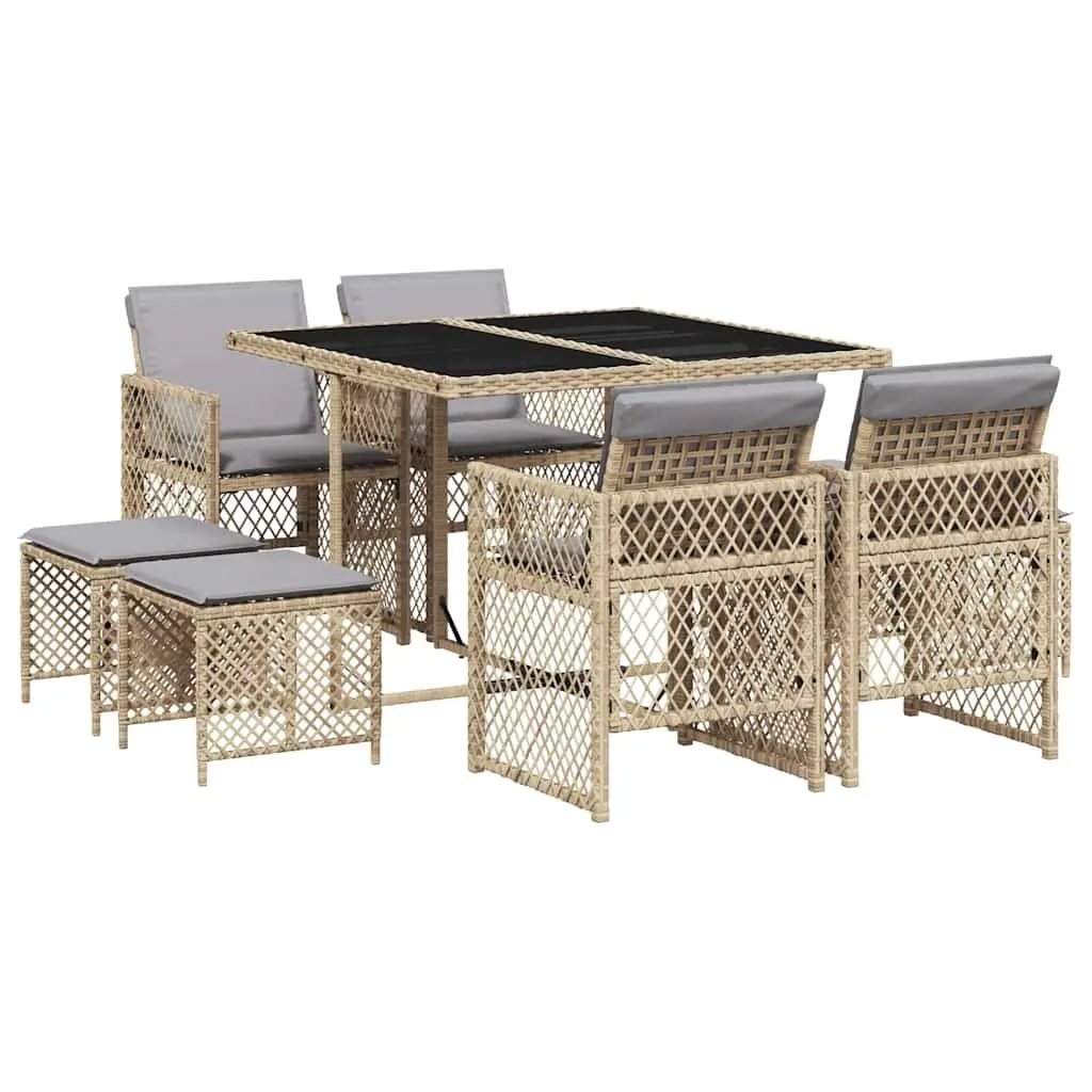 9 Piece Garden Dining Set with Beige Poly Rattan