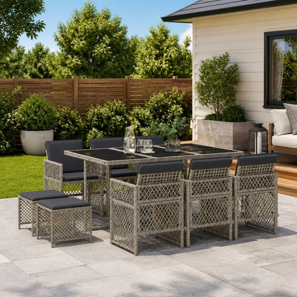11 Piece Grey Poly Rattan Garden Dining Set