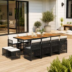 Premium 13 Piece Outdoor Dining Set - Black Rattan & Acacia