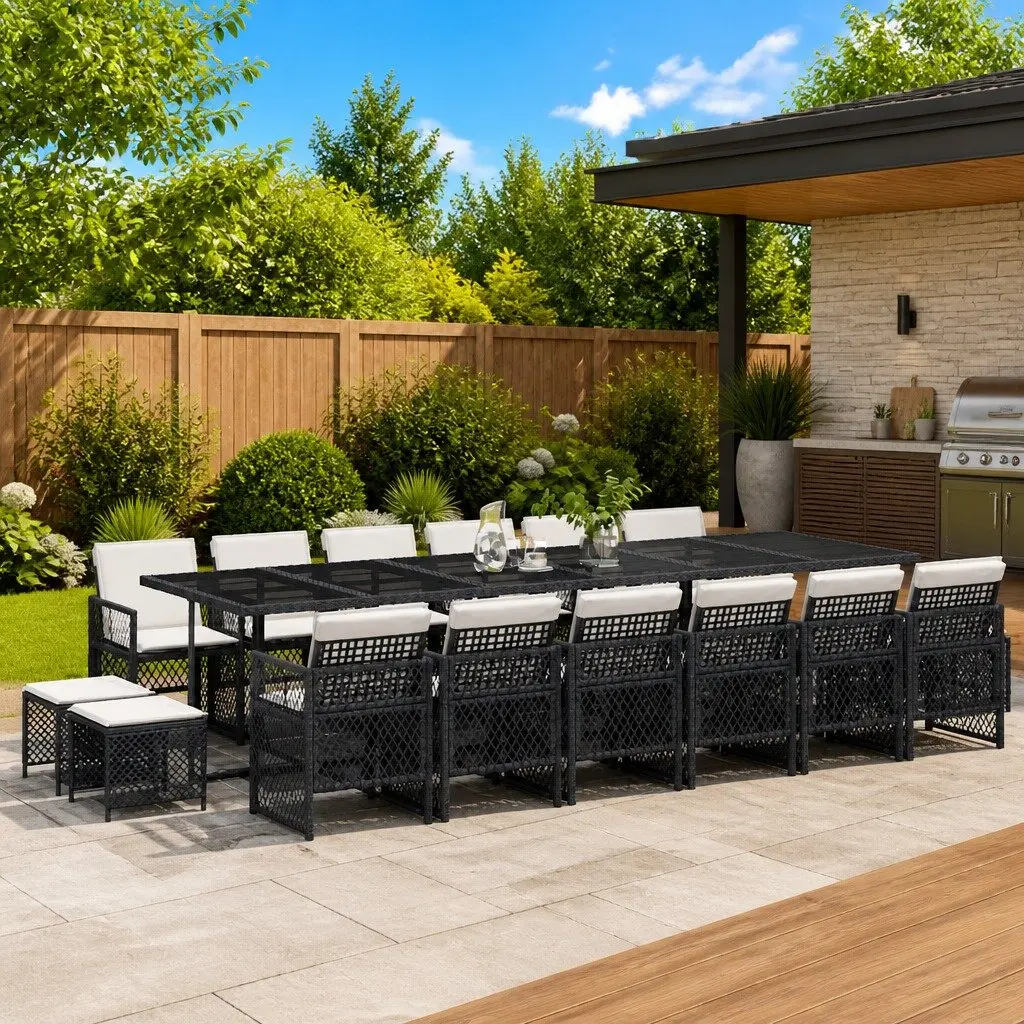 17-Piece Garden Dining Set in Black Poly Rattan