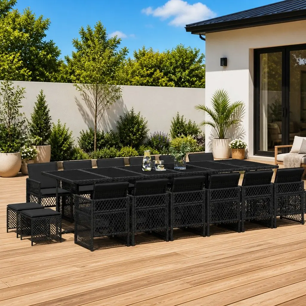 17 Piece Outdoor Garden Dining Set PE Rattan Black Patio Furniture with Tempered Glass Tabletop and Padded Seat Cushions