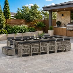17-Piece Grey Poly Rattan Garden Dining Set with Cushions