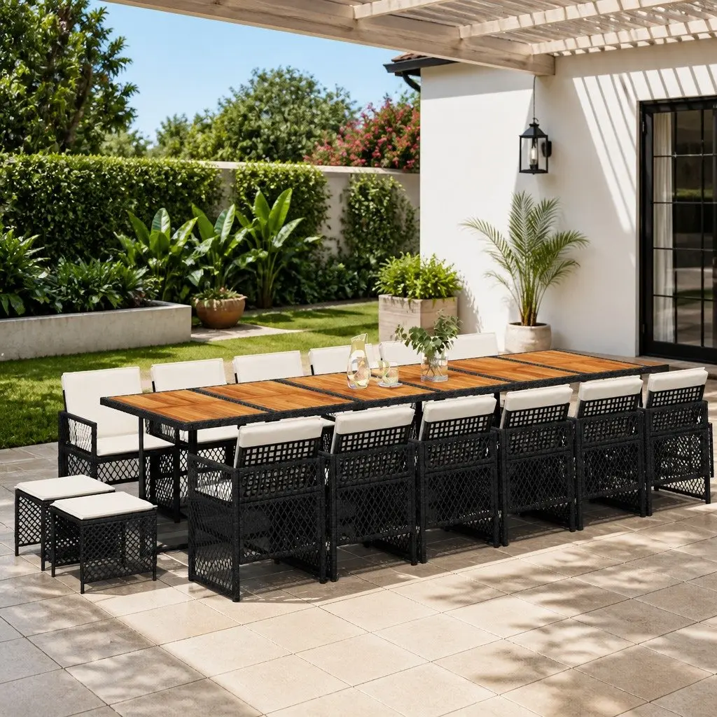 17-Piece Black Poly Rattan Garden Dining Set