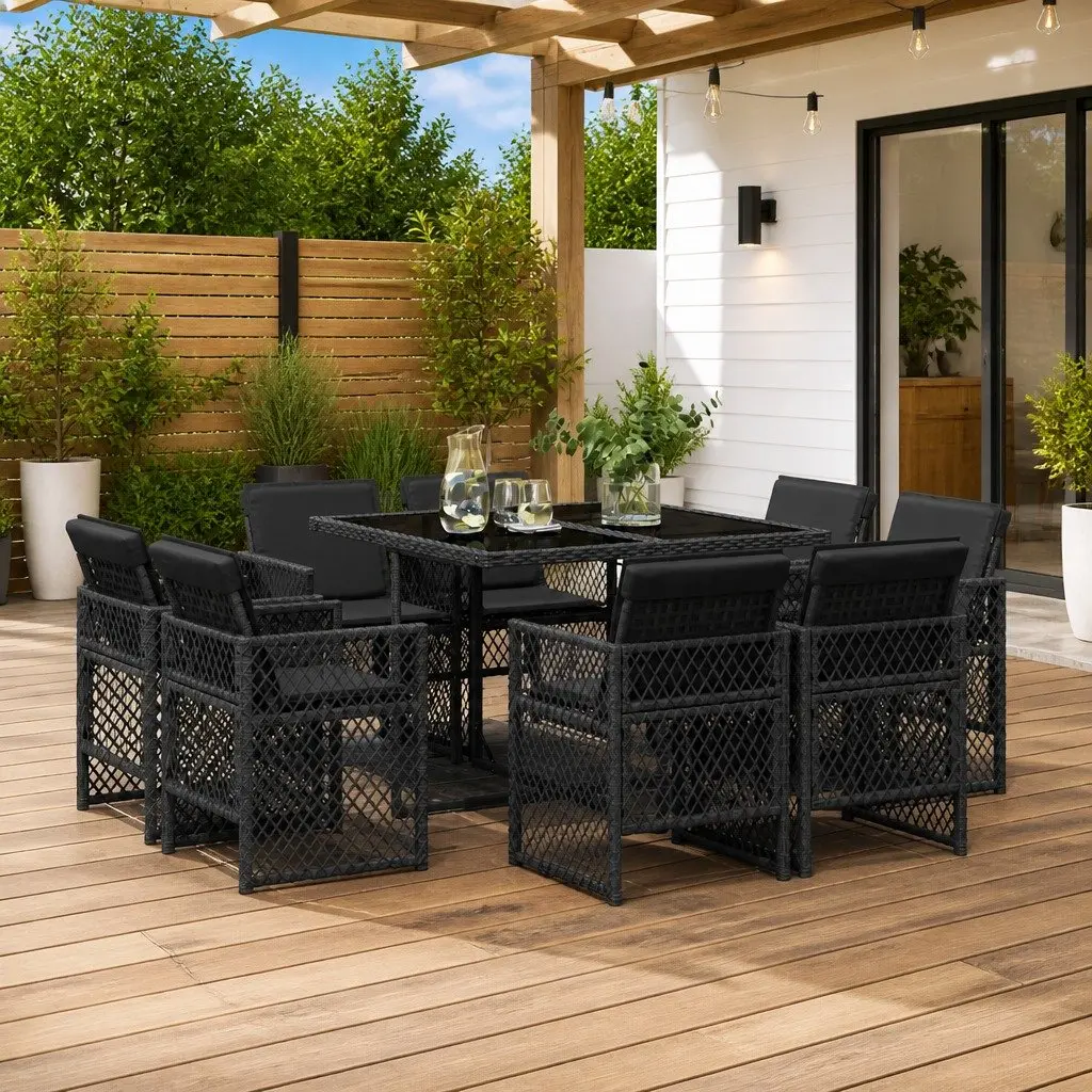 Outdoor Dining Set PE Rattan 9 Piece Garden Furniture Black