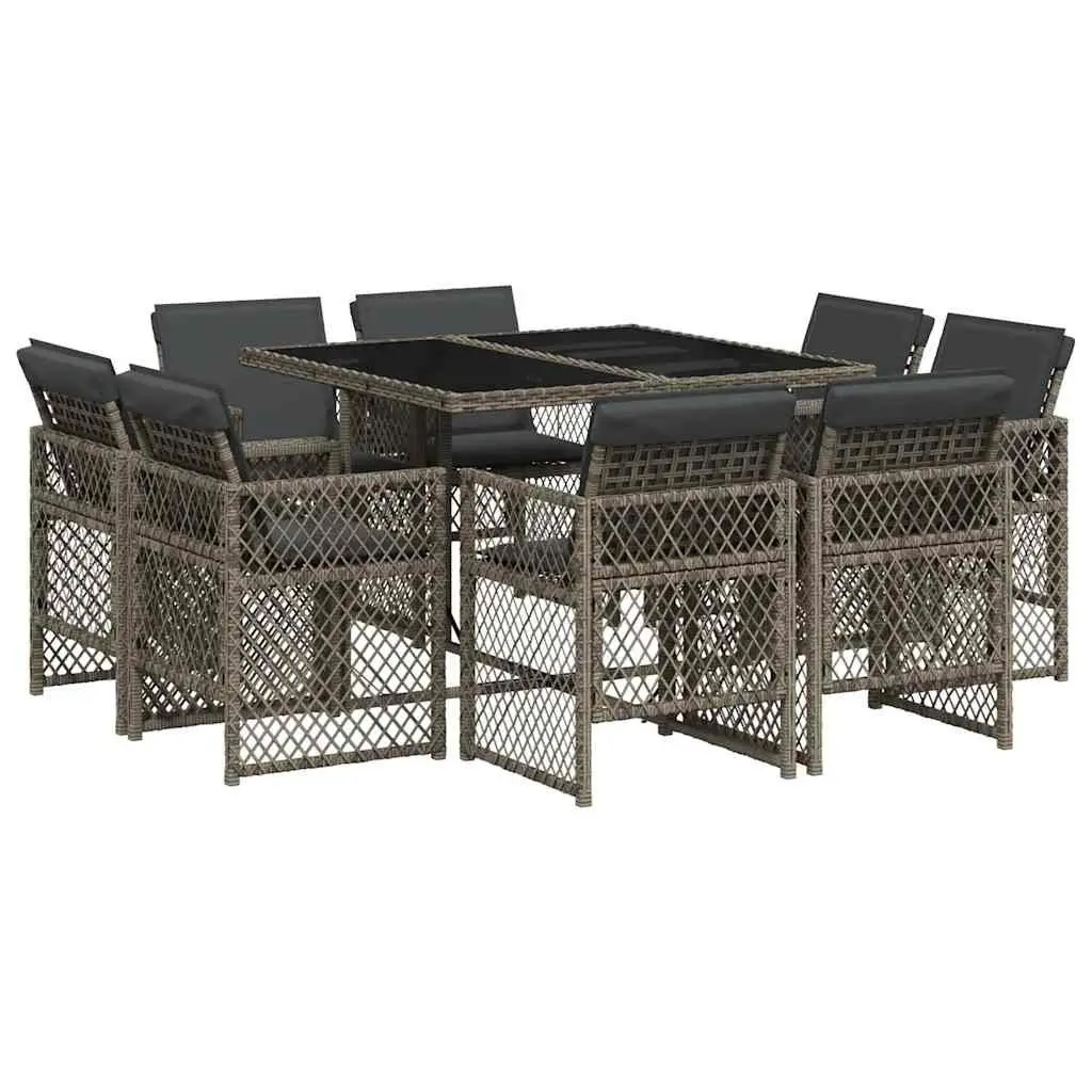 Outdoor Furniture Set 9 Piece Grey Poly Rattan Dining Table Chairs with Cushions