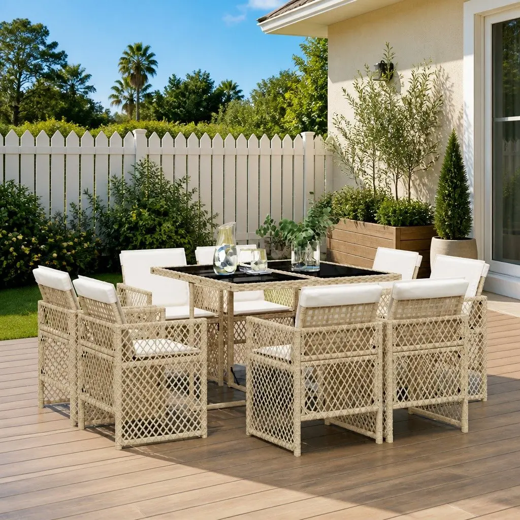 9 Piece Beige Poly Rattan Garden Dining Set