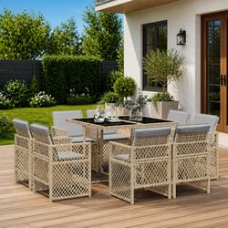 Durable 9 Piece Outdoor Dining Set in Beige with Cushions