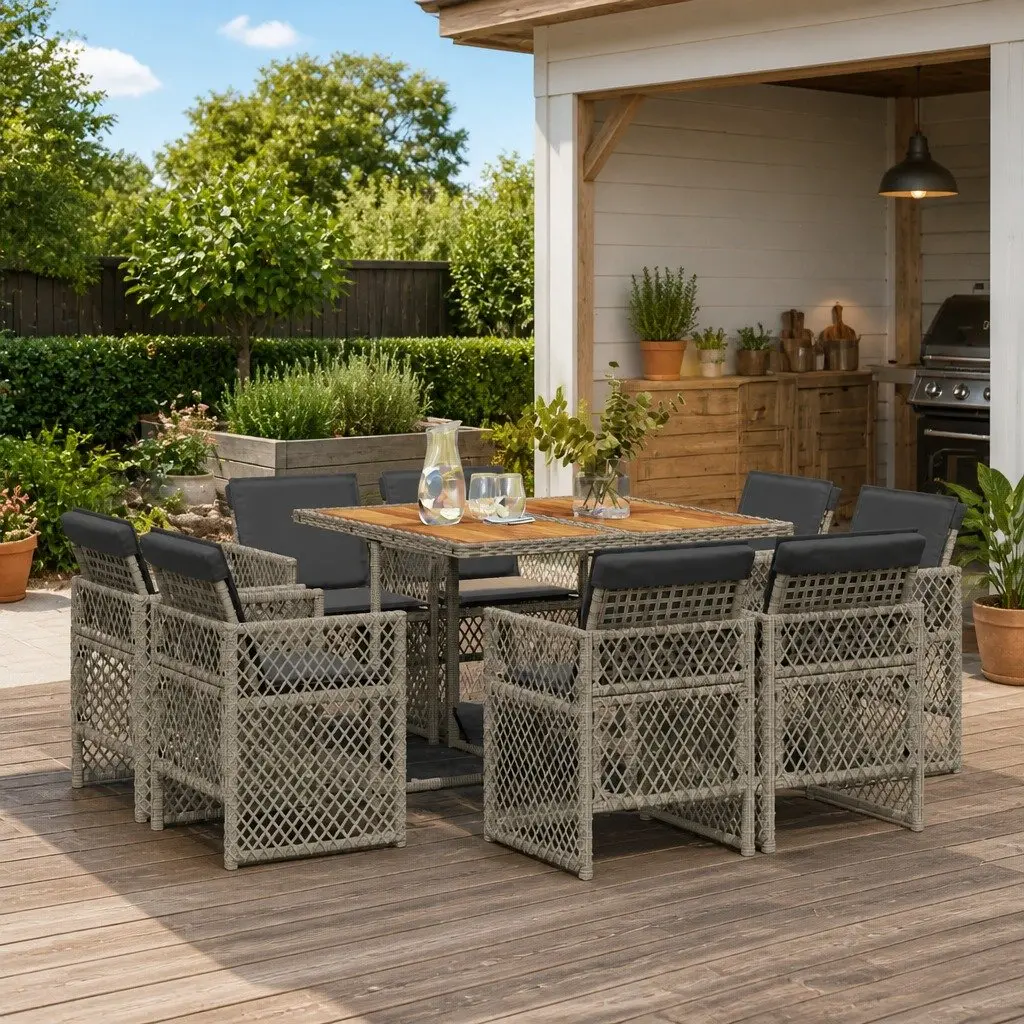 9 Piece Grey Poly Rattan Garden Dining Set