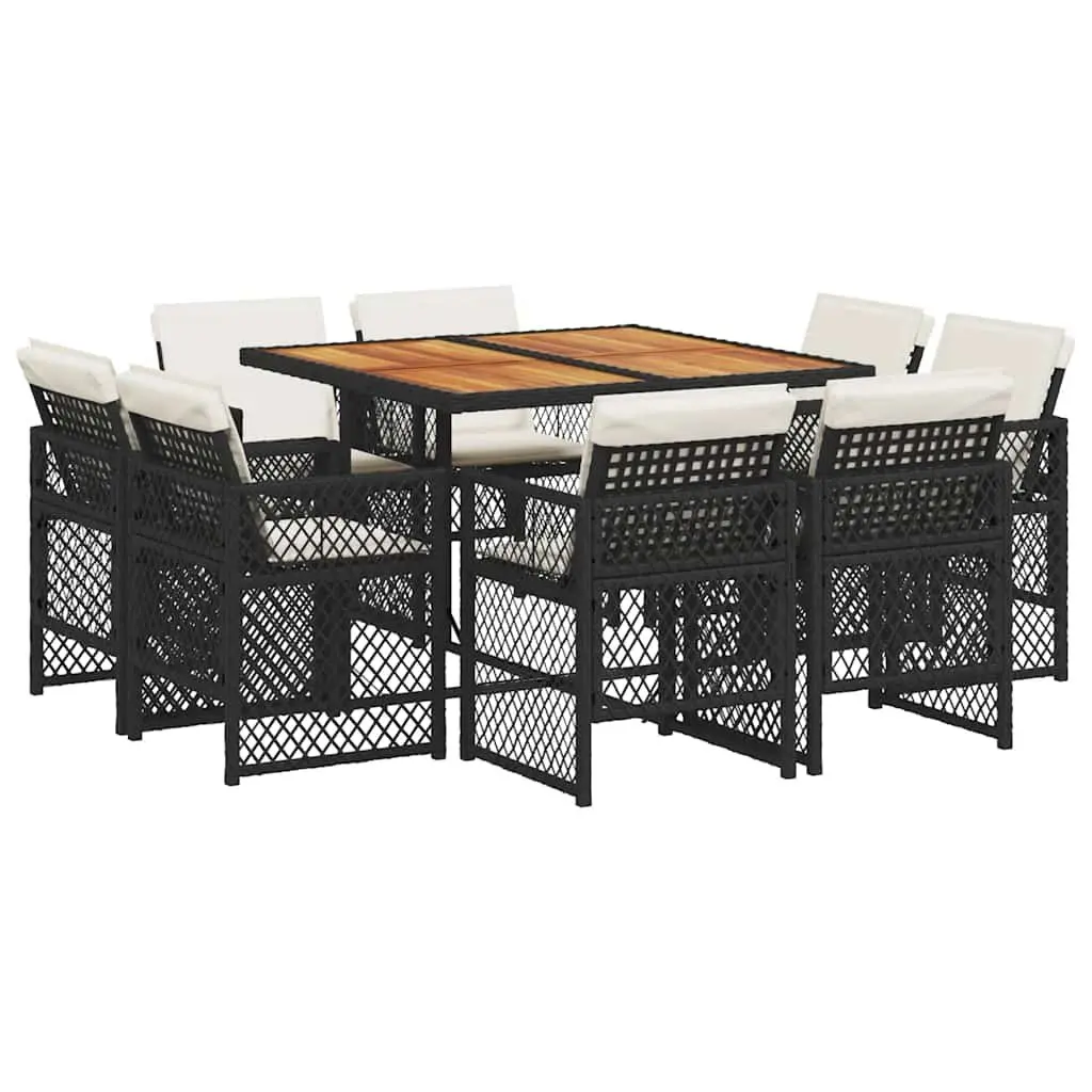 9 Piece Garden Dining Set PE Rattan Acacia Wood Black Outdoor Furniture