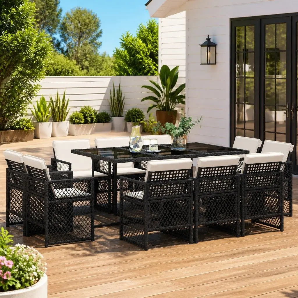 11 Piece Outdoor Garden Dining Set PE Poly Rattan Black Cushions Table