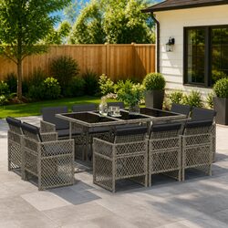 Durable 11-Piece Garden Dining Set with Grey Rattan Chairs