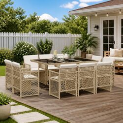 Durable Garden Dining Set 11 Piece Beige Poly Rattan