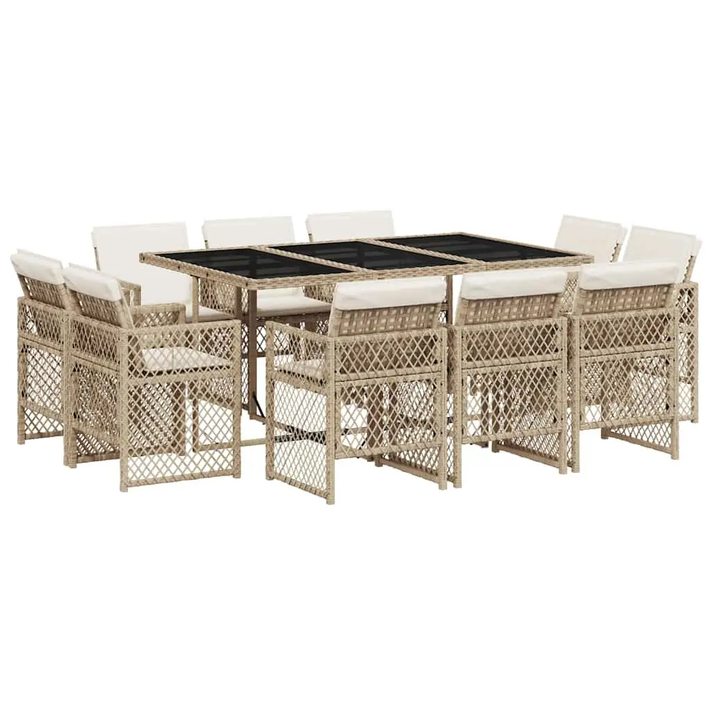 Garden Dining Set 11 Piece Beige Poly Rattan