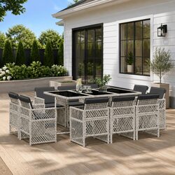 Durable 11-Piece Grey Poly Rattan Outdoor Dining Set