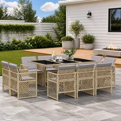 11 Piece Beige Outdoor Dining Set with Tempered Glass Table