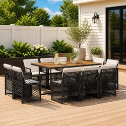 Durable 11 Piece Garden Dining Set with Black Poly Rattan
