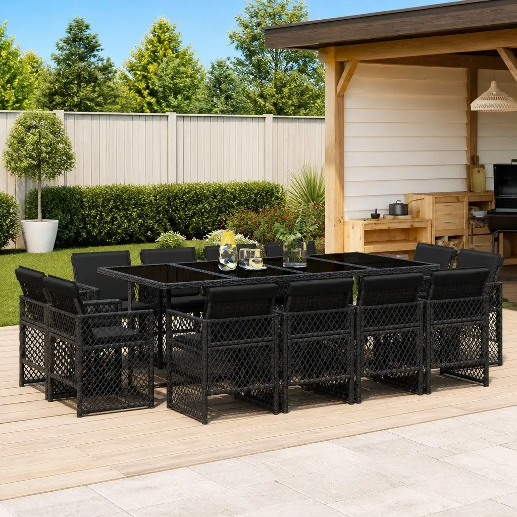 Garden Dining Set 13 Piece PE Rattan Black Outdoor Furniture Chairs Table