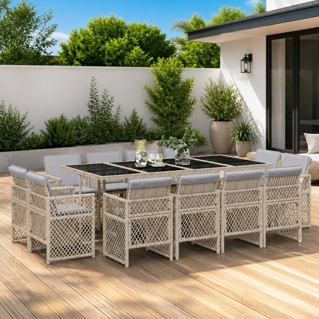 Outdoor Garden Dining Set PE Rattan 13 Piece Beige Furniture with Cushions