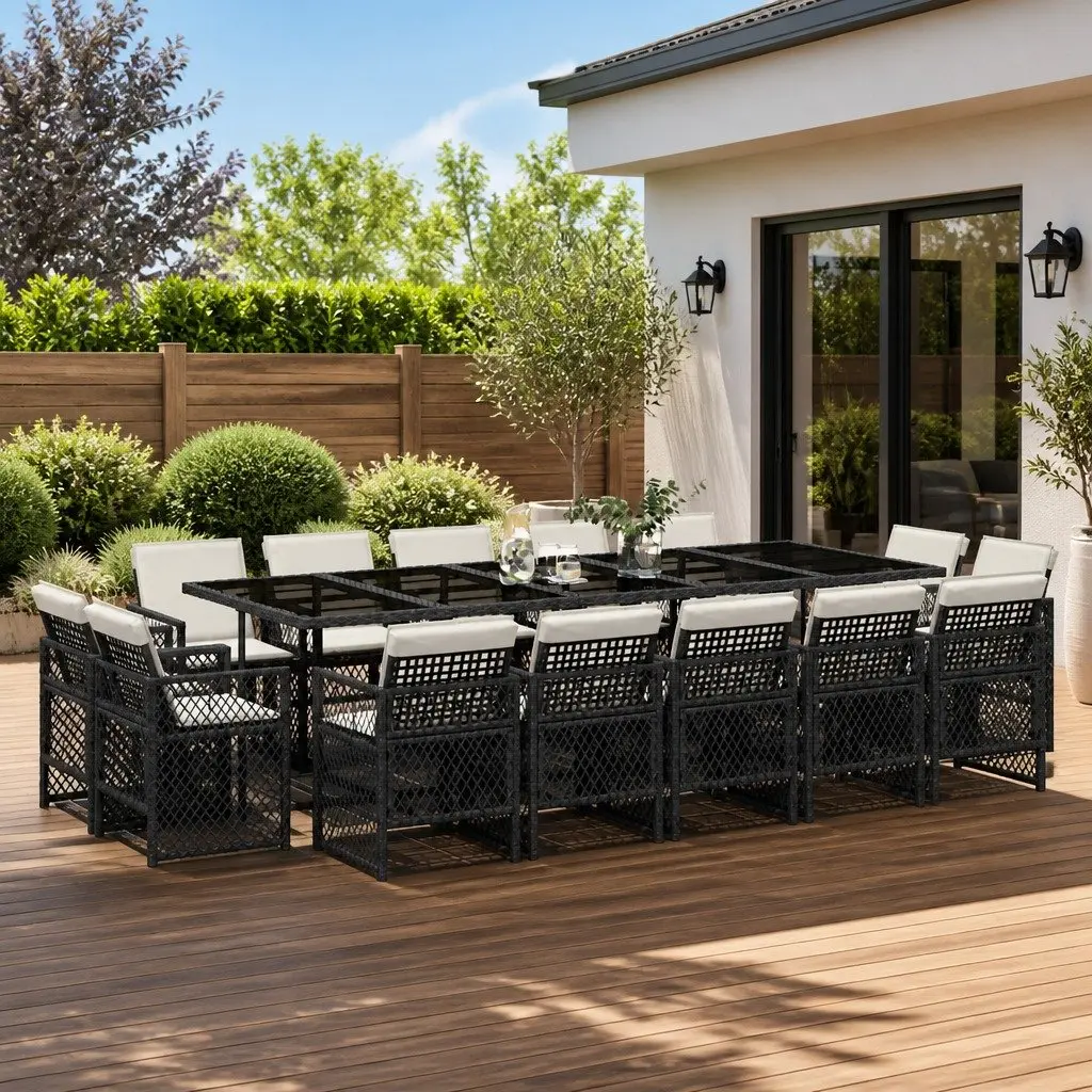 15-Piece Black Garden Dining Set with Cushions